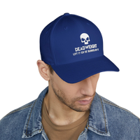 deadweightgymapparel. blue flexfit cap featuring a white embroidered distressed skull and Deadweight text on the front.