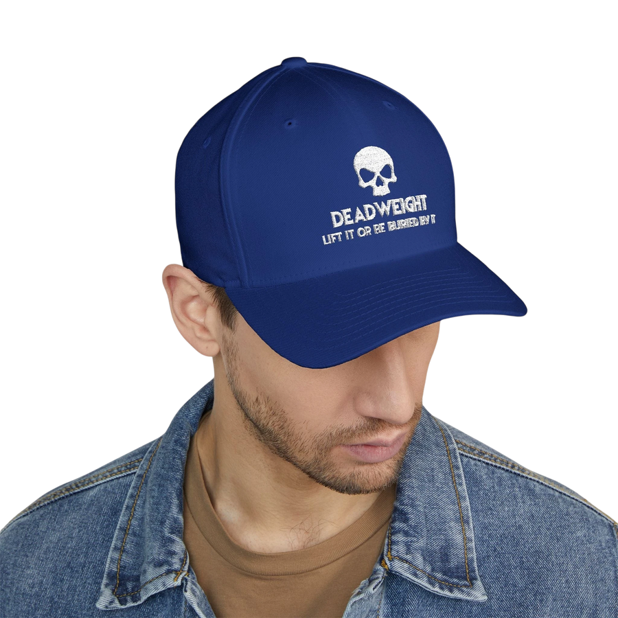 deadweightgymapparel. blue flexfit cap featuring a white embroidered distressed skull and Deadweight text on the front.