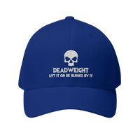 deadweightgymapparel. blue structured flexfit cap with white embroidered distressed skull and Deadweight text on front