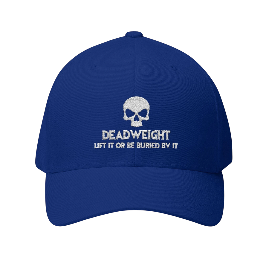 deadweightgymapparel. blue structured flexfit cap with white embroidered distressed skull and Deadweight text on front