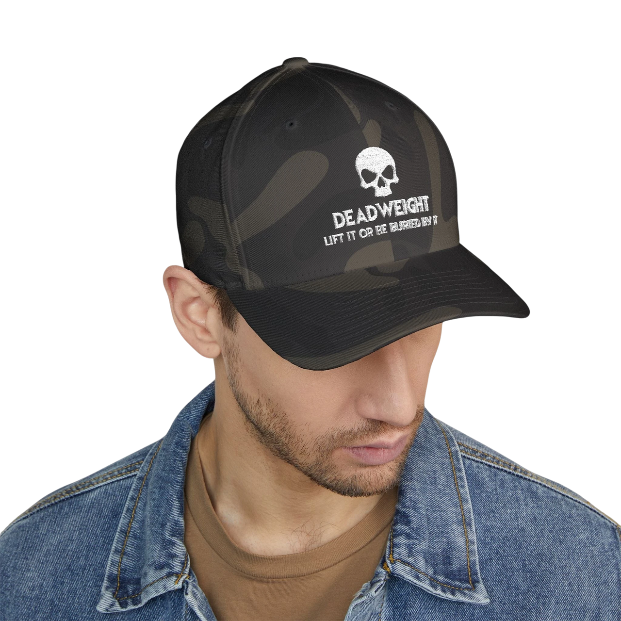 deadweightgymapparel. camo flexfit cap featuring a distressed skull embroidery and Deadweight text on a model.