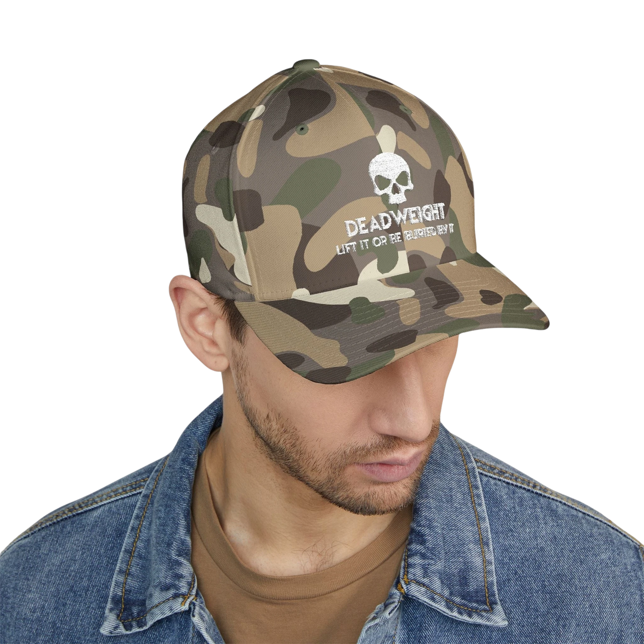 deadweightgymapparel. camo flexfit cap with distressed skull embroidery and Deadweight text on a man in a denim jacket.
