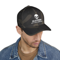 deadweightgymapparel. camo flexfit cap featuring a distressed skull embroidery and Deadweight text on a model.