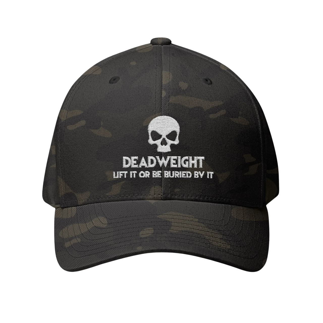 deadweightgymapparel. black camouflage Flexfit cap featuring a white embroidered skull and Deadweight text on the front.