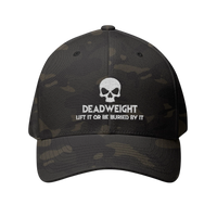 deadweightgymapparel. black camouflage Flexfit cap featuring a white embroidered skull and Deadweight text on the front.