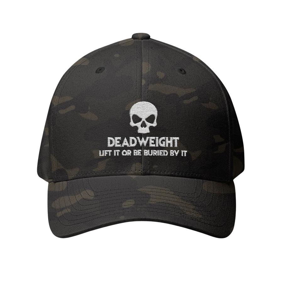 deadweightgymapparel. black camouflage Flexfit cap featuring a white embroidered skull and Deadweight text on the front.