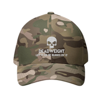deadweightgymapparel. camouflage Flexfit cap with white embroidered skull and Deadweight text on a structured six-panel crown.