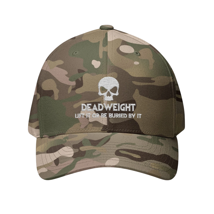 deadweightgymapparel. camouflage Flexfit cap with white embroidered skull and Deadweight text on a structured six-panel crown.