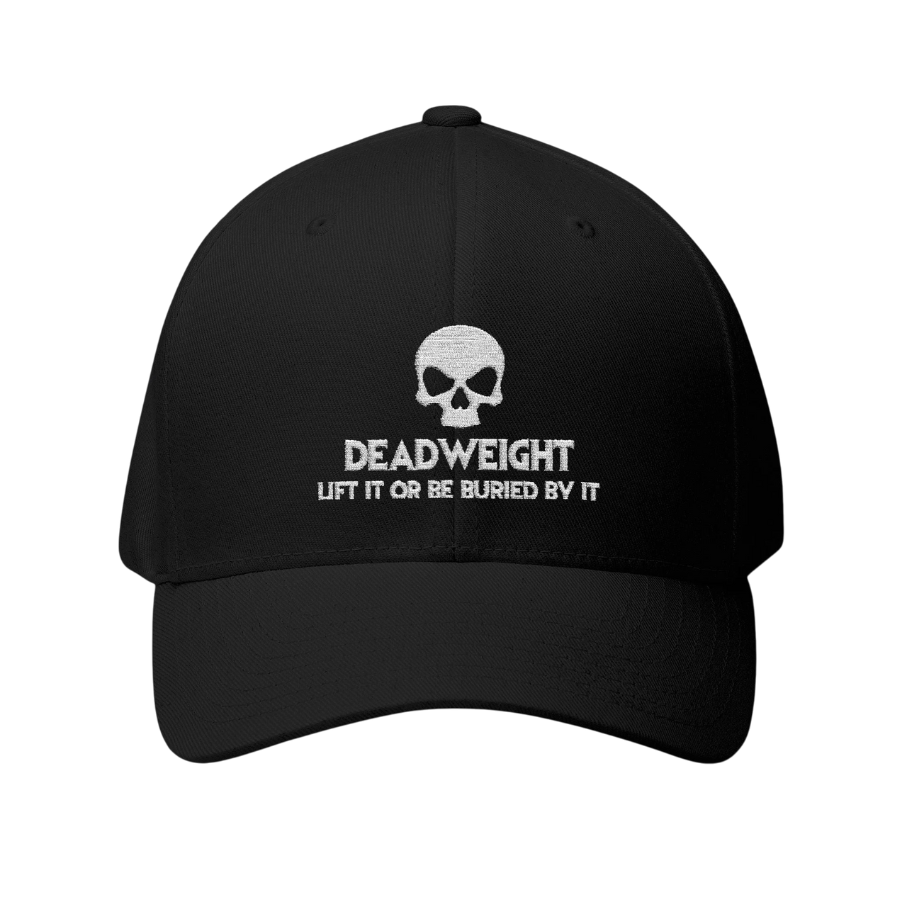 deadweightgymapparel. black structured flexfit cap with white embroidered distressed skull and Deadweight text on front.