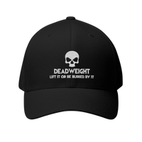 deadweightgymapparel. black structured flexfit cap with white embroidered distressed skull and Deadweight text on front.