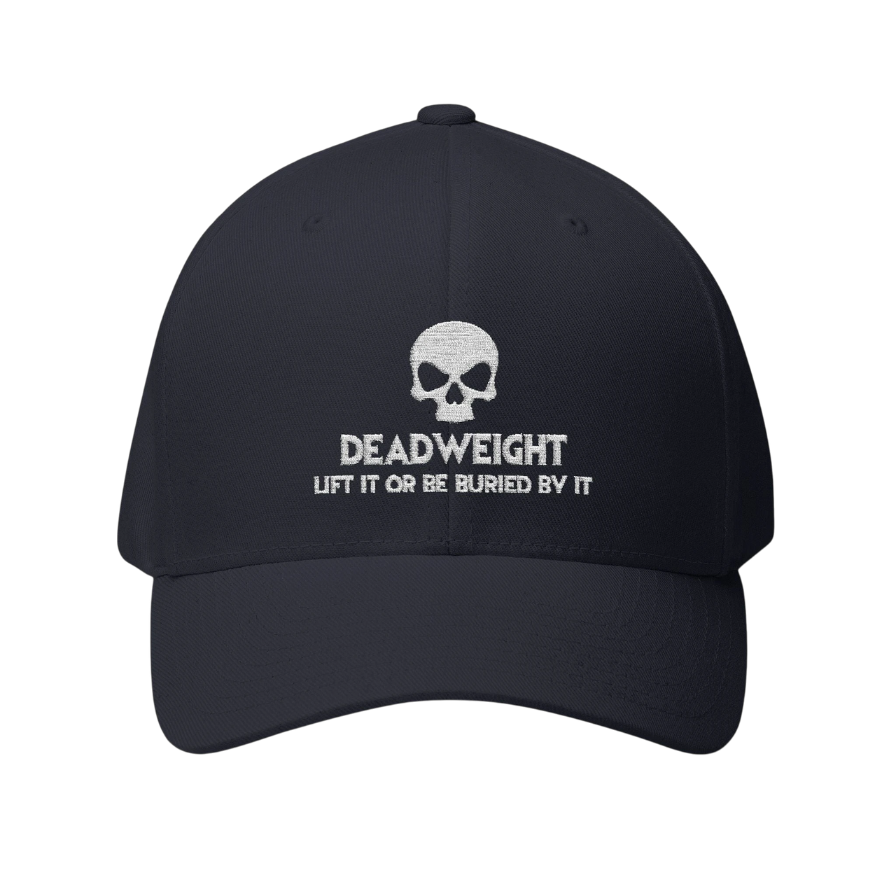 deadweightgymapparel. structured flexfit cap in dark navy with white embroidered skull and Deadweight text on the front.