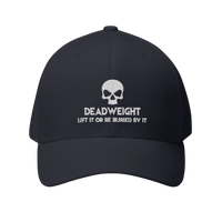 deadweightgymapparel. structured flexfit cap in dark navy with white embroidered skull and Deadweight text on the front.