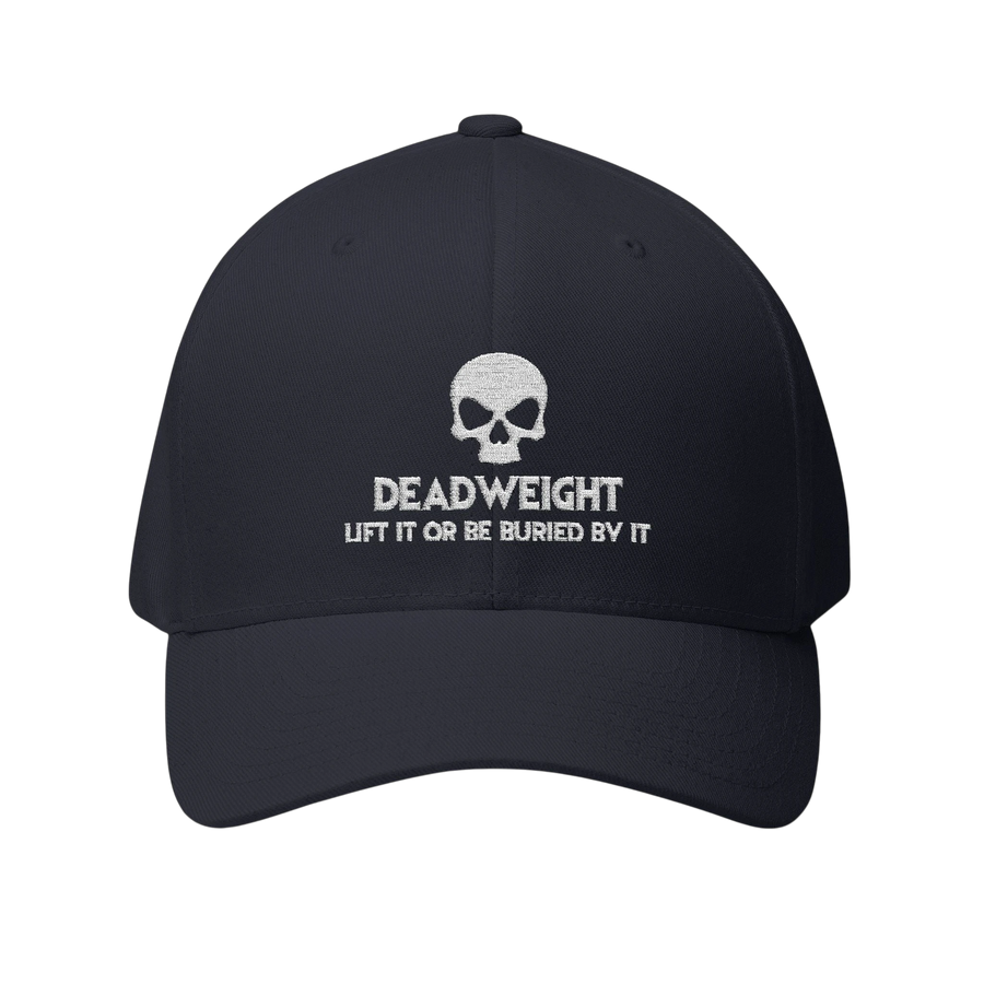 deadweightgymapparel. structured flexfit cap in dark navy with white embroidered skull and Deadweight text on the front.
