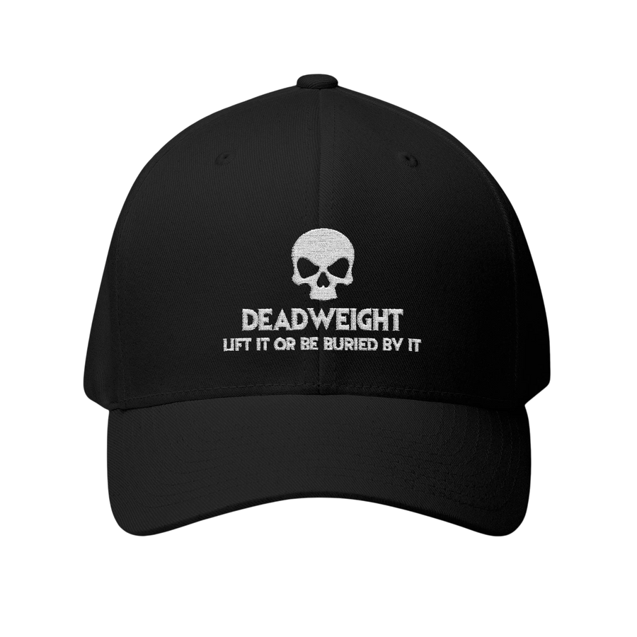 deadweightgymapparel. black structured flexfit cap with white embroidered distressed skull and Deadweight text on front.