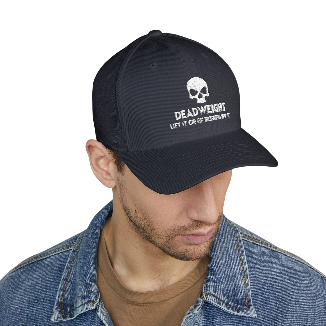 deadweightgymapparel. structured flexfit cap in dark grey with a distressed skull embroidery and bold text on the front.