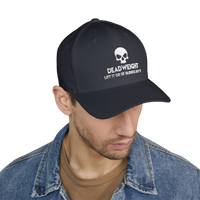 deadweightgymapparel. structured flexfit cap in dark grey with a distressed skull embroidery and bold text on the front.