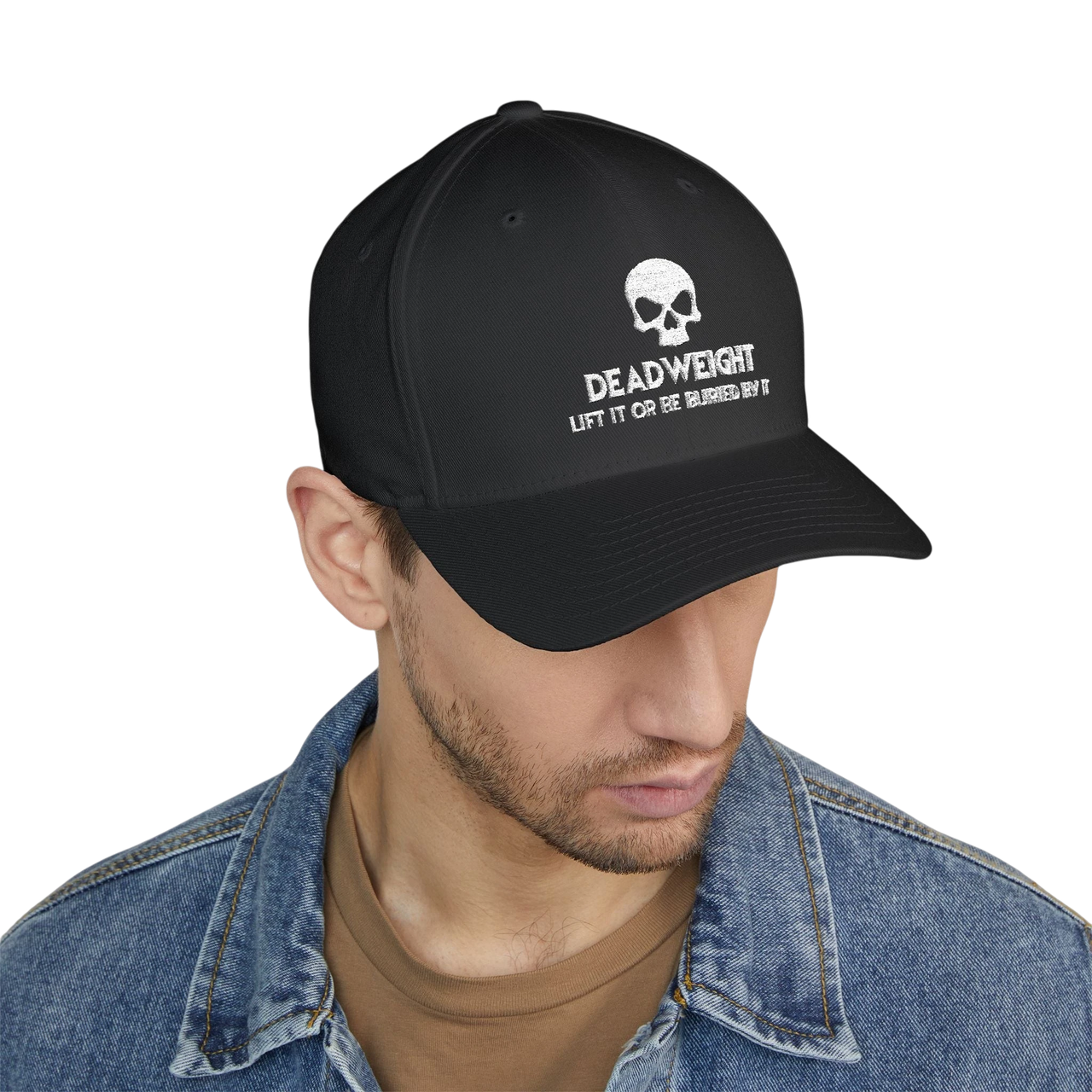 deadweightgymapparel. black flexfit cap with white embroidered distressed skull and Deadweight text on a man in denim jacket