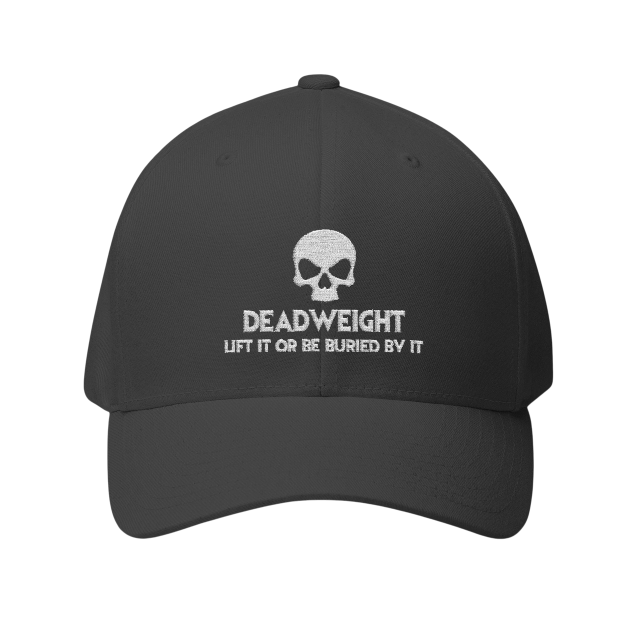 deadweightgymapparel. structured flexfit cap in dark grey featuring a white embroidered distressed skull and Deadweight text.