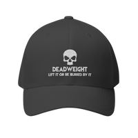 deadweightgymapparel. structured flexfit cap in dark grey featuring a white embroidered distressed skull and Deadweight text.