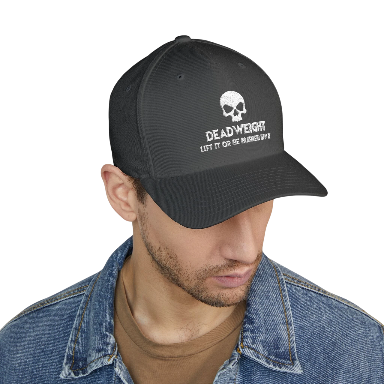 deadweightgymapparel. structured flexfit cap in dark grey with a distressed white skull embroidery and bold text.