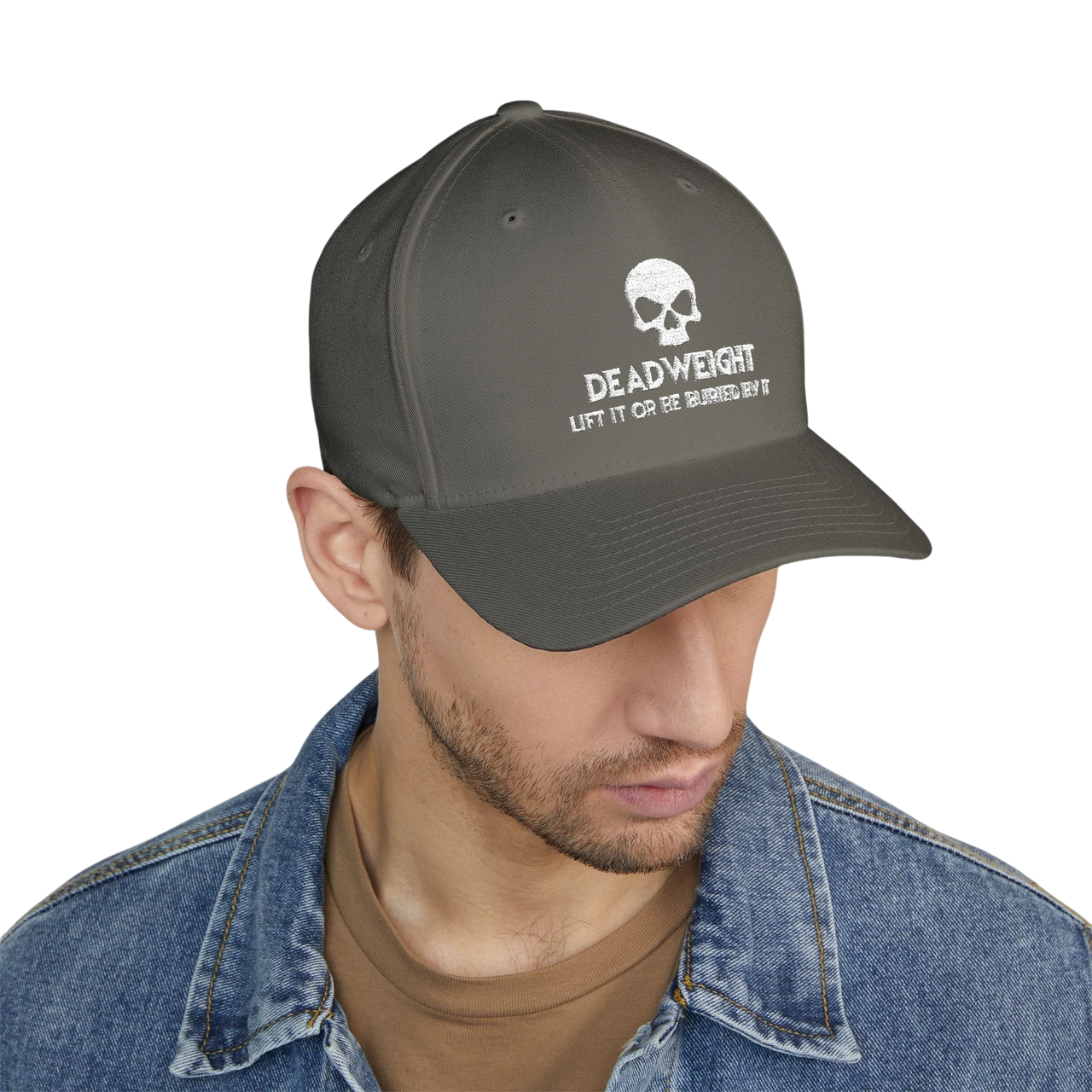 deadweightgymapparel. grey structured flexfit cap featuring a distressed white skull embroidery and bold text on the front.
