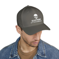 deadweightgymapparel. grey structured flexfit cap featuring a distressed white skull embroidery and bold text on the front.