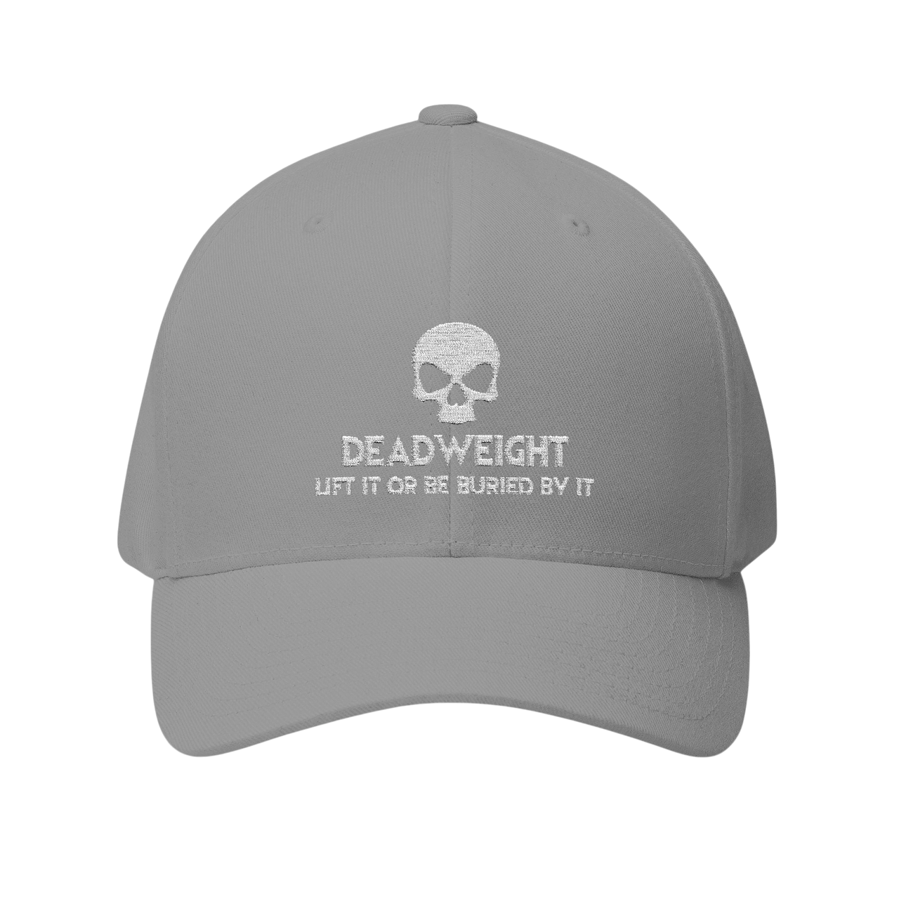 deadweightgymapparel. grey structured flexfit cap featuring an embroidered skull and Deadweight text on the front panel.