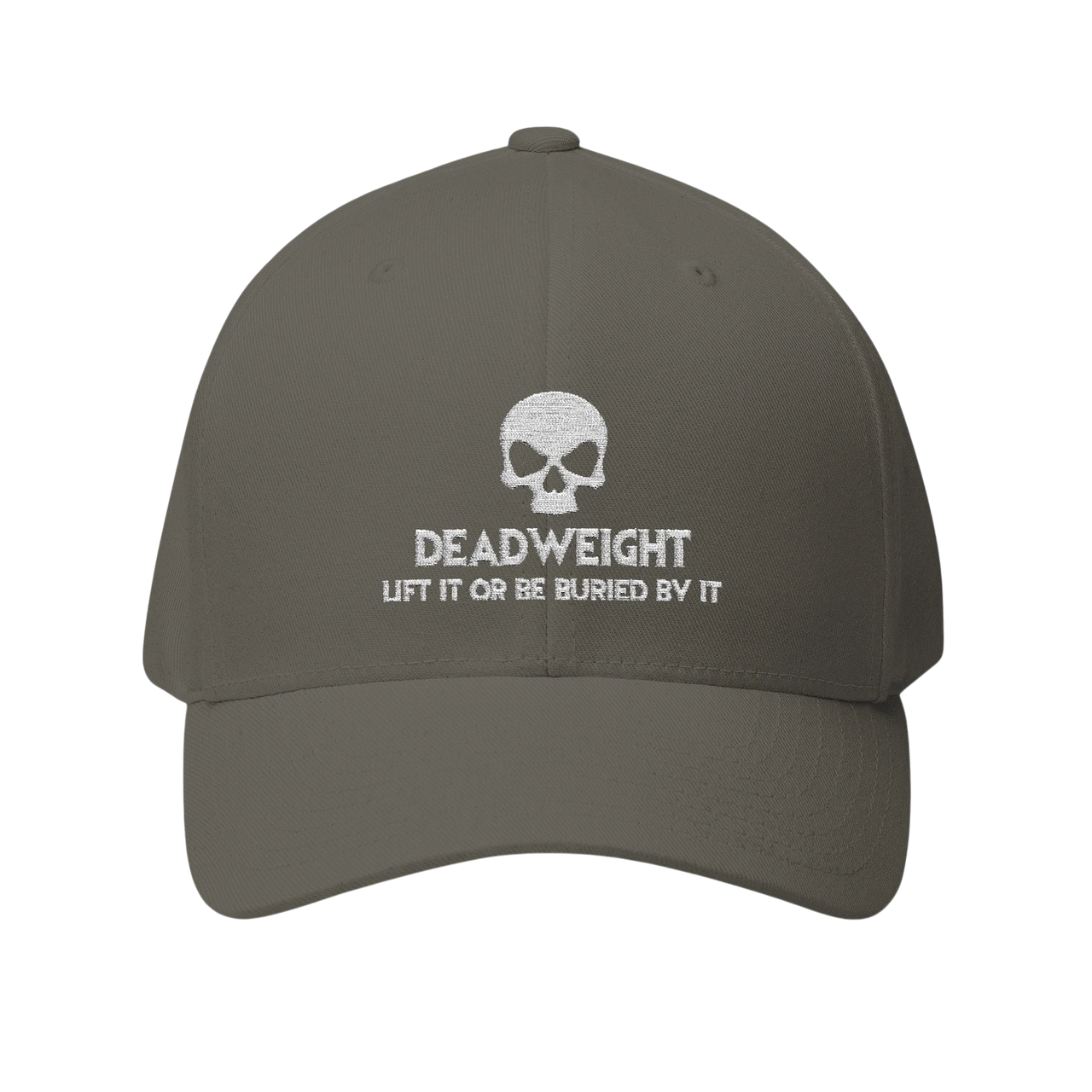deadweightgymapparel. structured flexfit cap in grey with white embroidered distressed skull and Deadweight text design.