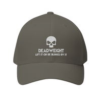 deadweightgymapparel. structured flexfit cap in grey with white embroidered distressed skull and Deadweight text design.