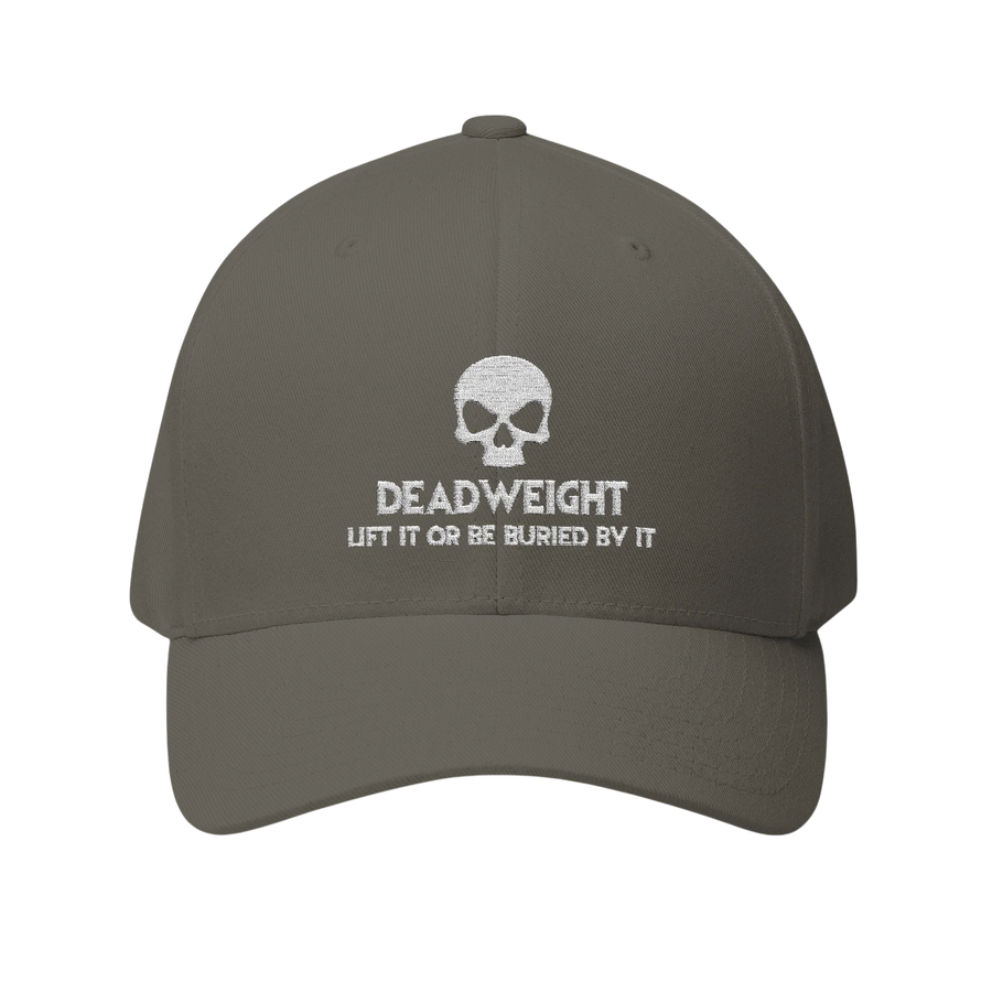 deadweightgymapparel. structured flexfit cap in grey with white embroidered distressed skull and Deadweight text design.