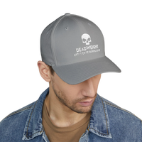 deadweightgymapparel. grey structured flexfit cap featuring a white distressed skull embroidery and bold text on the front.