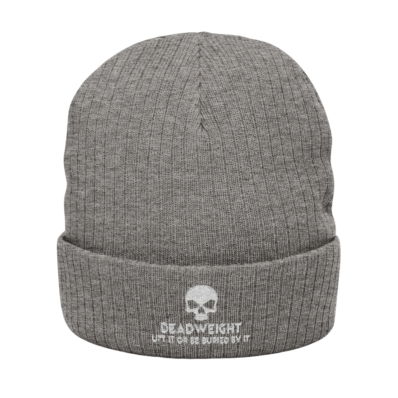 deadweightgymapparel. grey ribbed knit beanie with a white embroidered skull and Dead Weight text on the cuffed front.