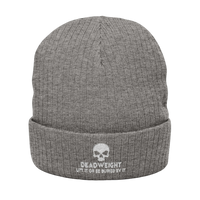 deadweightgymapparel. grey ribbed knit beanie with a white embroidered skull and Dead Weight text on the cuffed front.