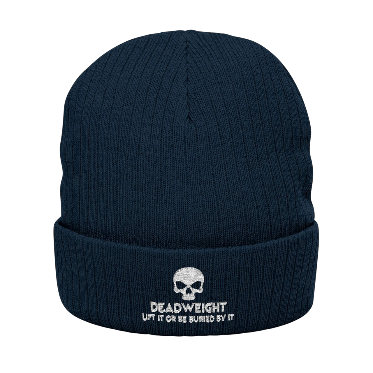 deadweightgymapparel. navy blue ribbed knit beanie with a white embroidered skull and Dead Weight text on the cuff.