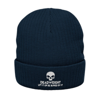 deadweightgymapparel. navy blue ribbed knit beanie with a white embroidered skull and Dead Weight text on the cuff.