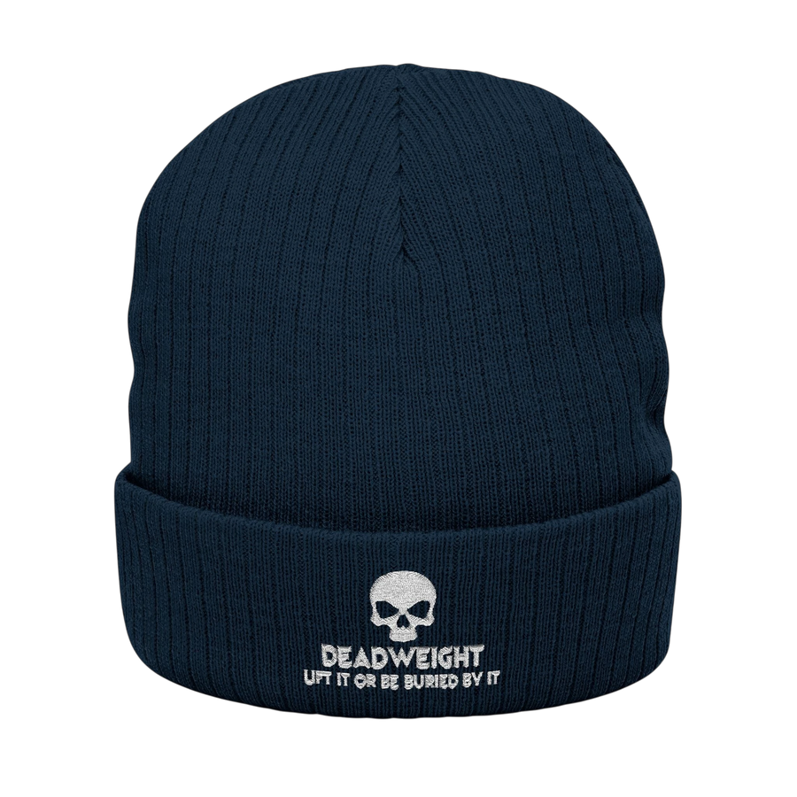 deadweightgymapparel. navy blue ribbed knit beanie with a white embroidered skull and Dead Weight text on the cuff.