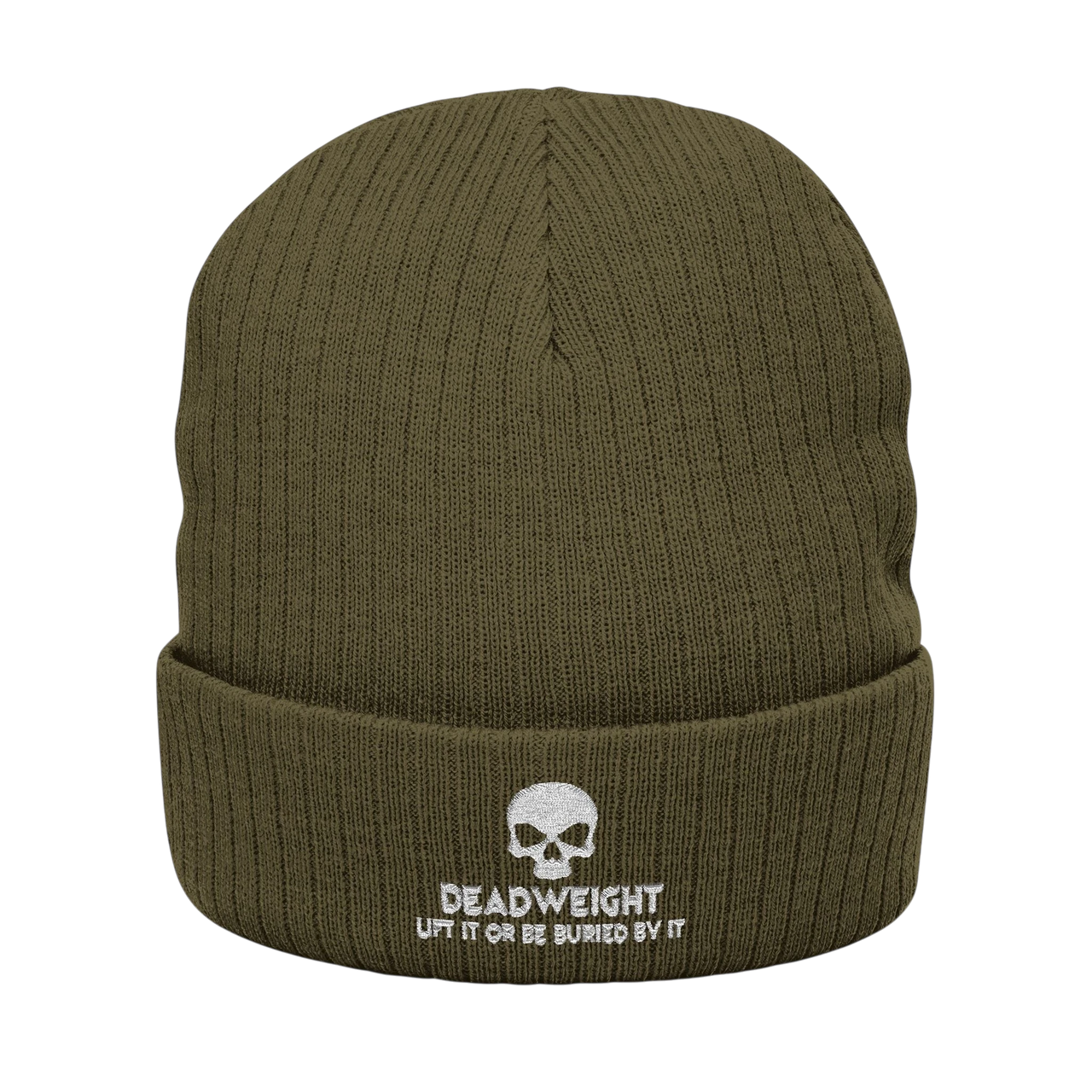 deadweightgymapparel. olive green ribbed knit beanie with a white embroidered skull and Dead Weight text on the cuff.