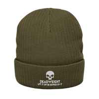 deadweightgymapparel. olive green ribbed knit beanie with a white embroidered skull and Dead Weight text on the cuff.