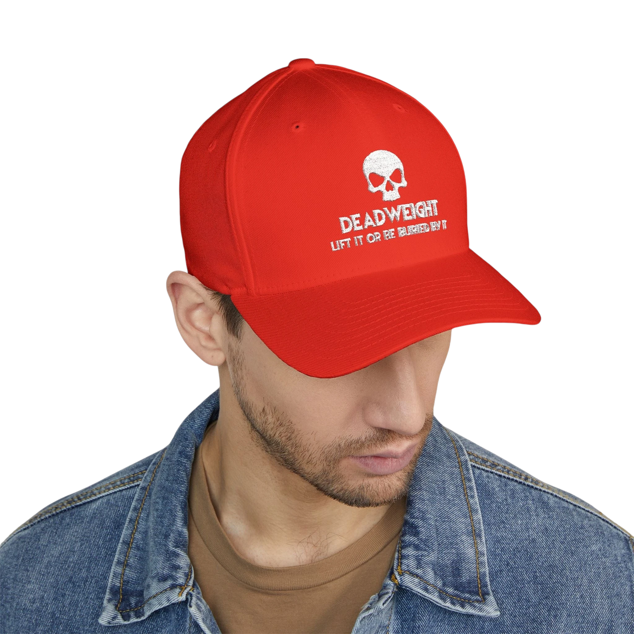 deadweightgymapparel. red structured flexfit cap featuring a white embroidered distressed skull and Deadweight text.