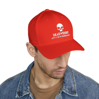 deadweightgymapparel. red structured flexfit cap featuring a white embroidered distressed skull and Deadweight text.