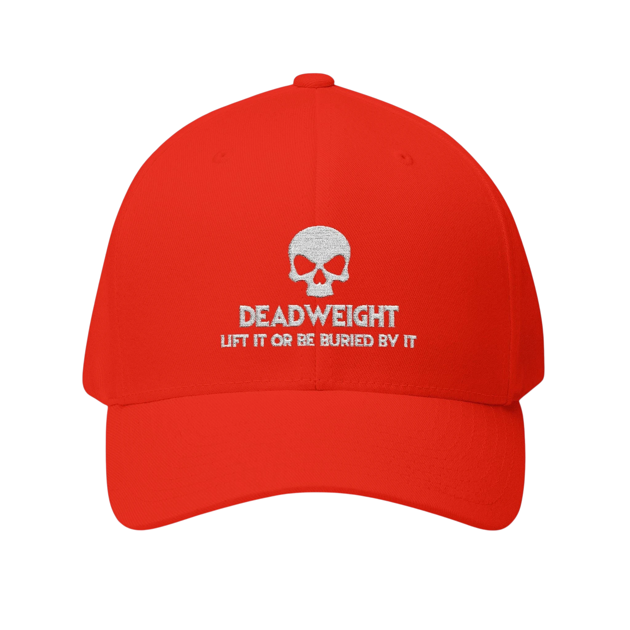 deadweightgymapparel. red structured flexfit cap featuring a white embroidered distressed skull and Deadweight text.