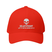deadweightgymapparel. red structured flexfit cap featuring a white embroidered distressed skull and Deadweight text.